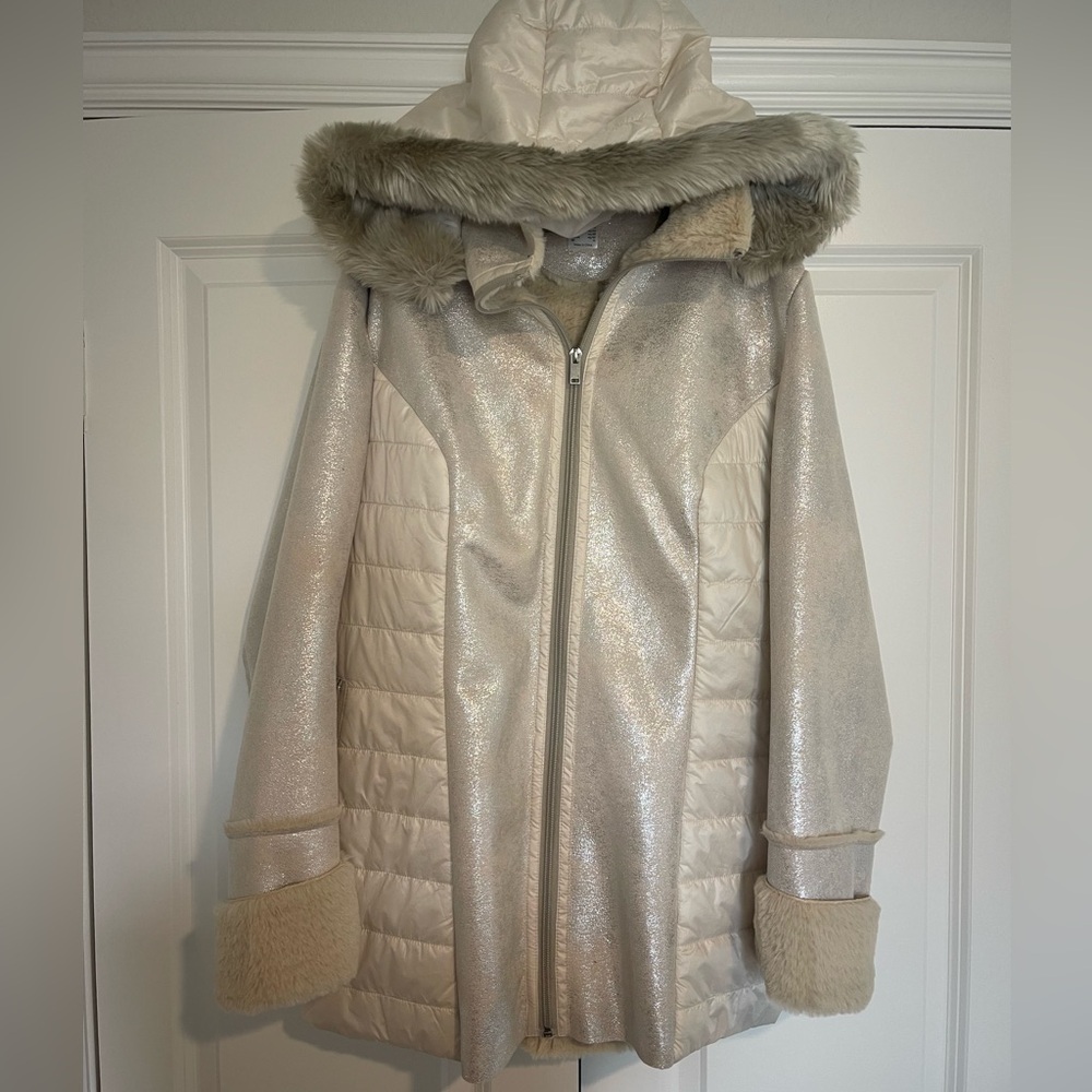 Venus Shimmering Silver & Beige Winter Jacket with Faux Fur - Medium